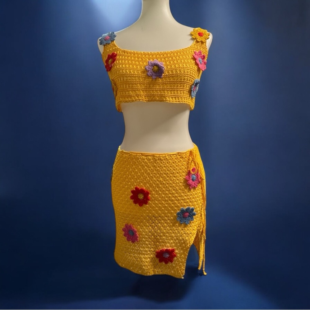 Handmade Yellow Crochet Floral Wrap Skirt - Women's